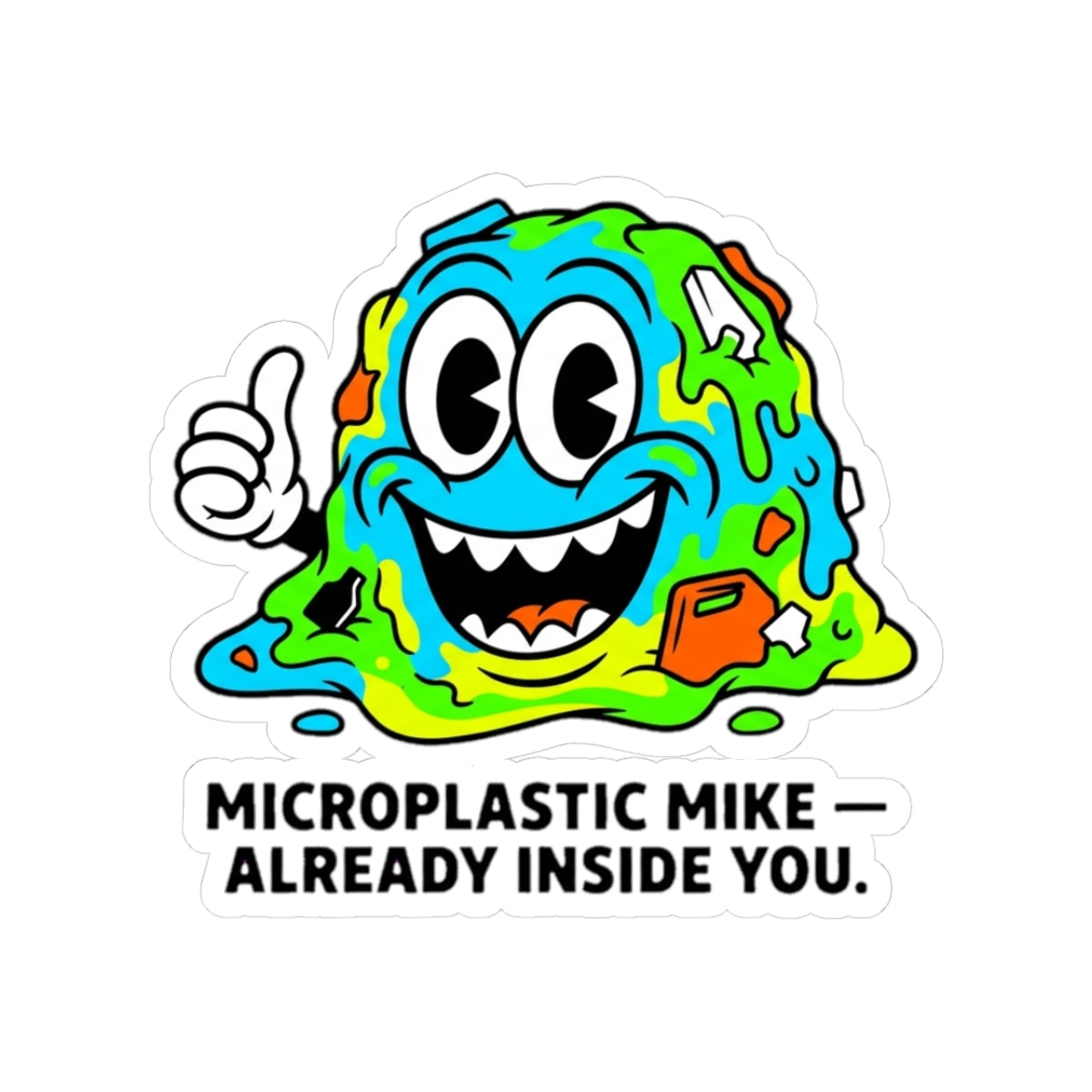 Vintage 90s-style corporate mascot Polymer Pete representing microplastics in the bloodstream on a funny sticker.