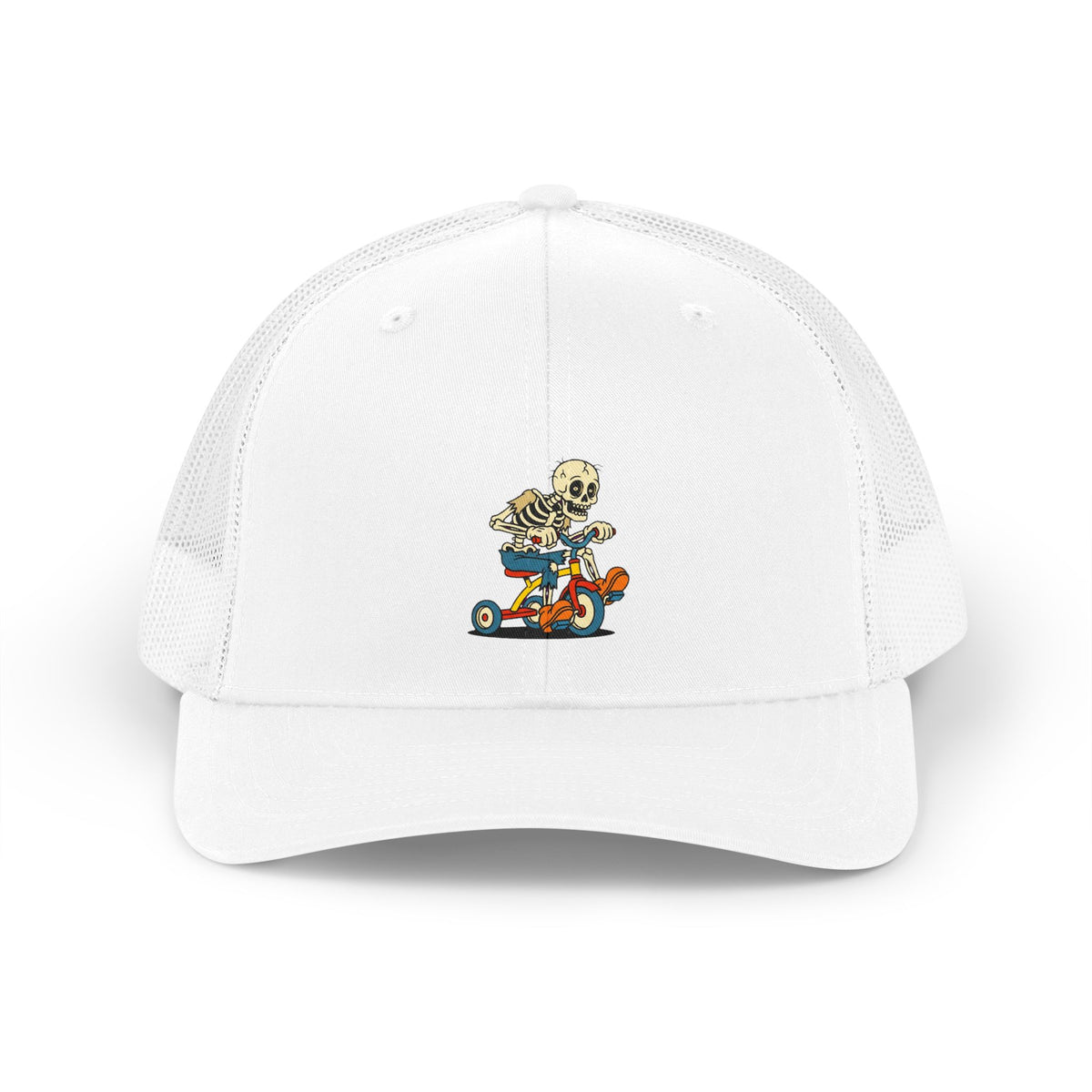 A funny hat reading Fully Grown Adult, depicting a grown person riding a toddler's plastic tricycle.