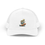 A funny hat reading Fully Grown Adult, depicting a grown person riding a toddler's plastic tricycle.