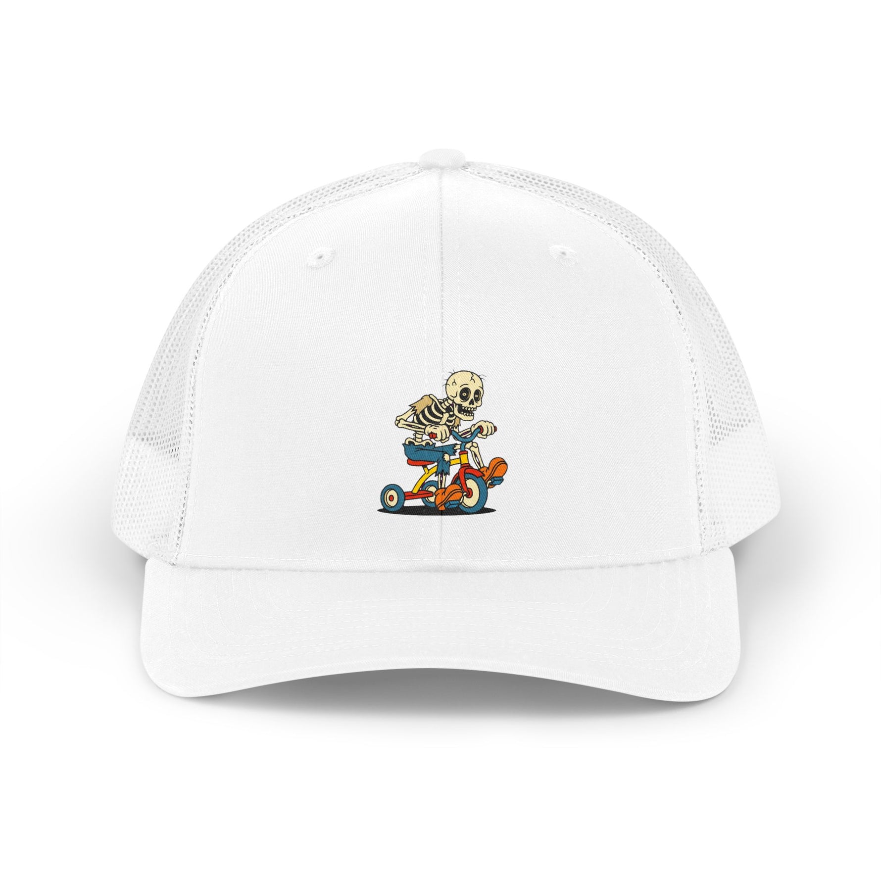 A funny hat reading Fully Grown Adult, depicting a grown person riding a toddler's plastic tricycle.
