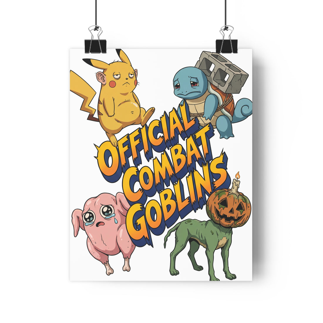 Funny bootleg anime poster featuring a creepy yellow rat with human ears and a sad turtle carrying a cinderblock.