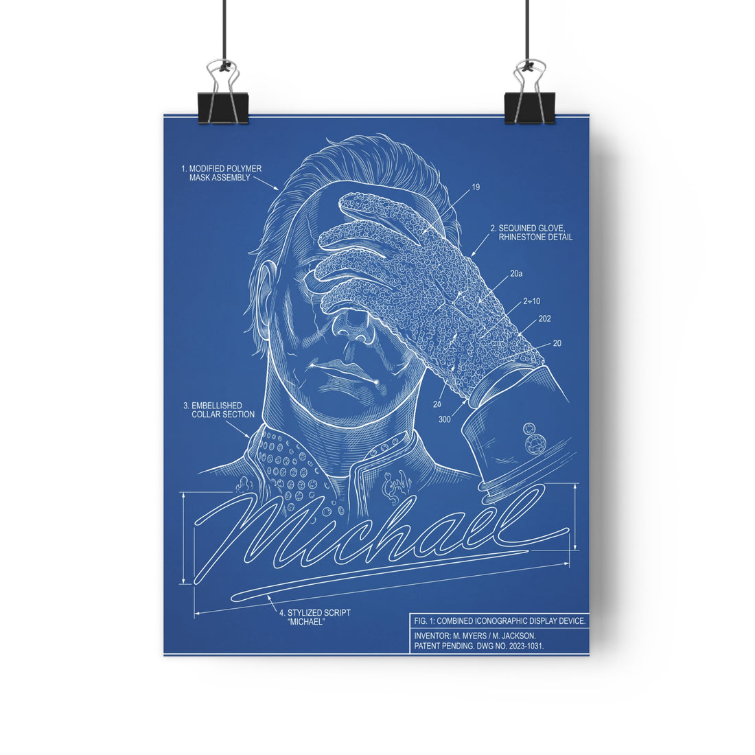 A blueprint schematic of a hybrid organism combining a famous horror movie slasher with a moonwalking pop music icon.