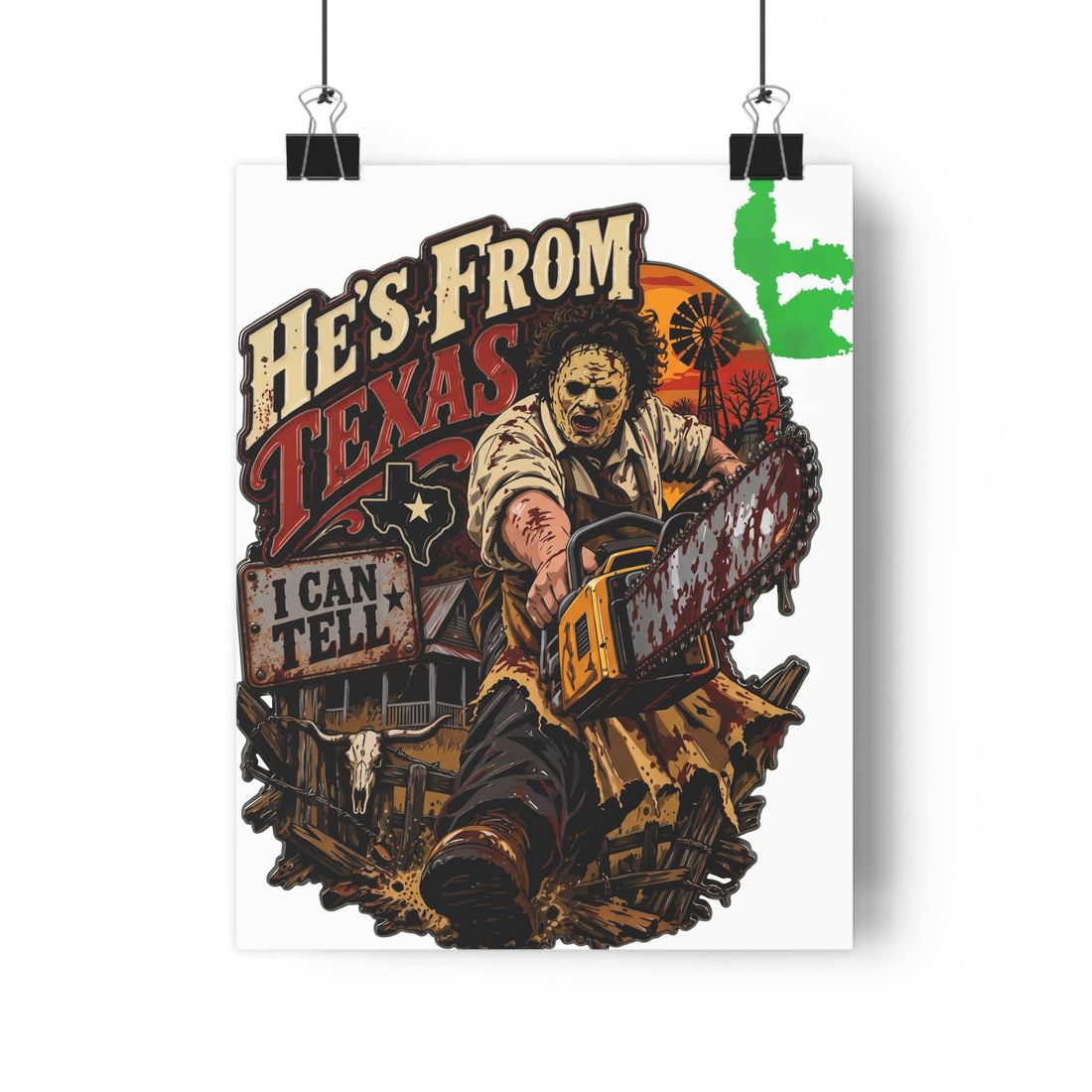 Pulpy horror comic style poster reading Support Local Texas Butchers, featuring a chainsaw-wielding maniac.