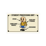 Satirical schematic diagram sticker labeling a student as a Student Processing Unit with intake and compliance modules.