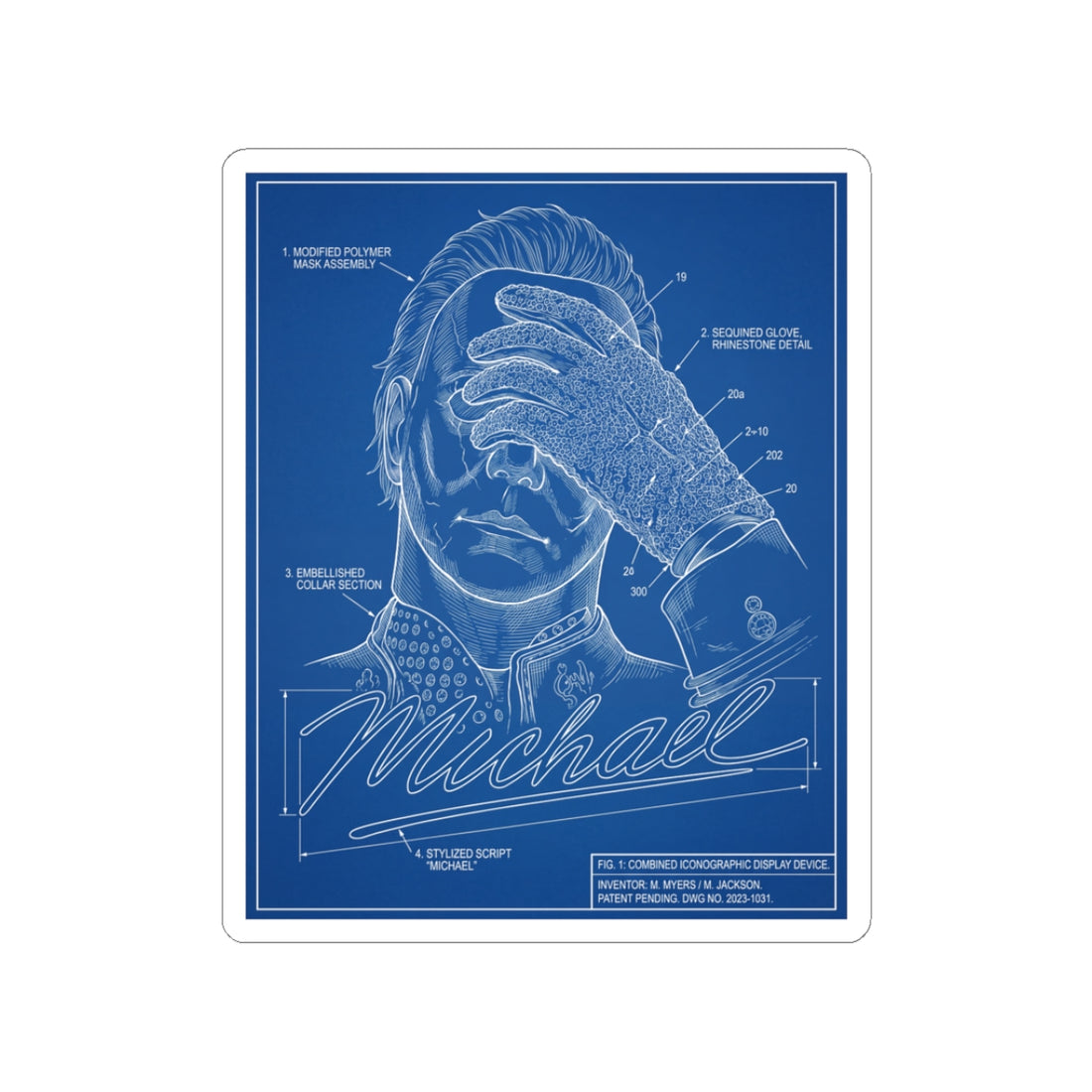 Schematic blueprint sticker of a horror slasher doing a pop star anti-gravity lean with a sequined butcher knife.