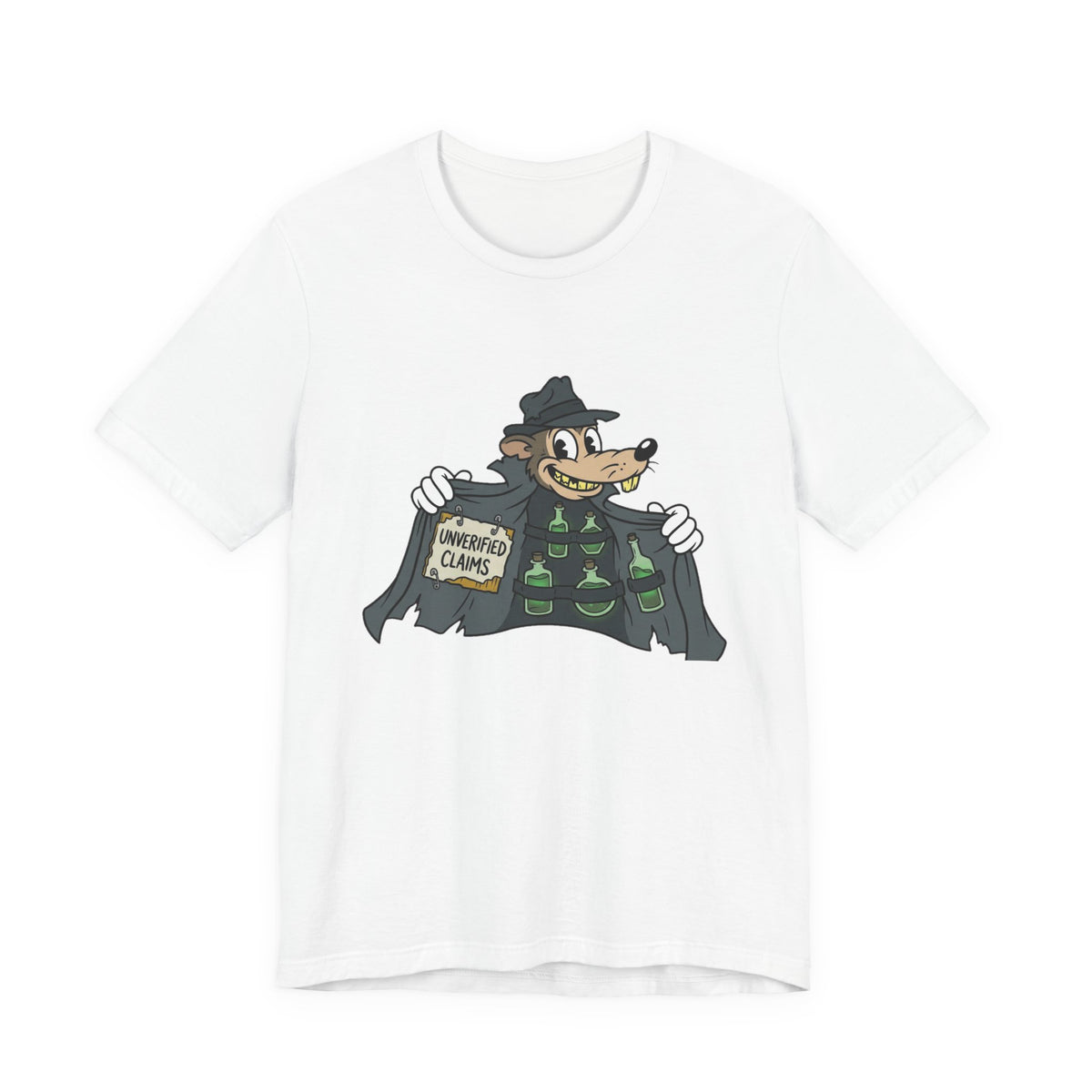 Graphic t-shirt featuring a sketchy trench coat rodent selling unverified claims, bad takes, and internet rumors.