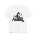 Graphic t-shirt featuring a sketchy trench coat rodent selling unverified claims, bad takes, and internet rumors.