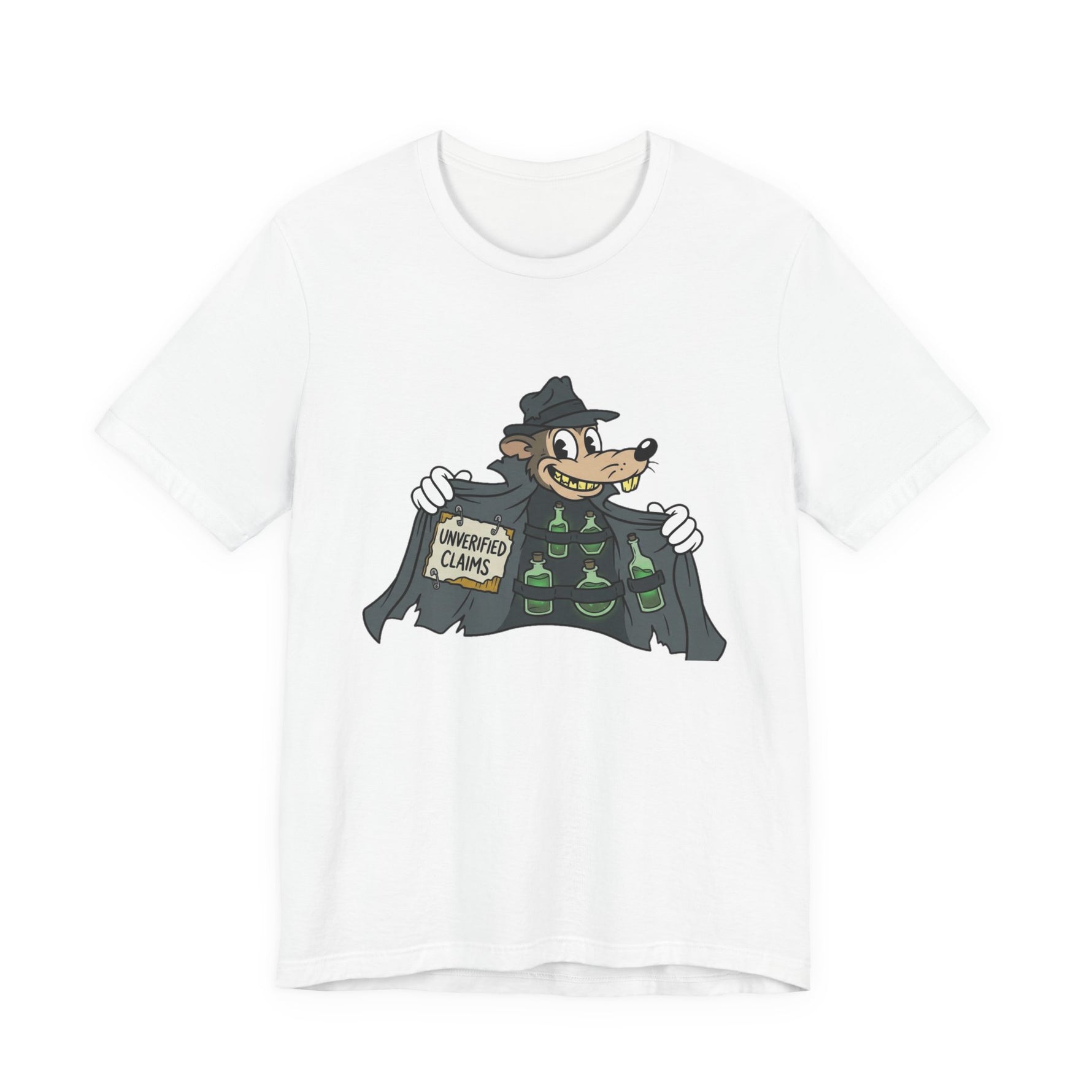 Graphic t-shirt featuring a sketchy trench coat rodent selling unverified claims, bad takes, and internet rumors.