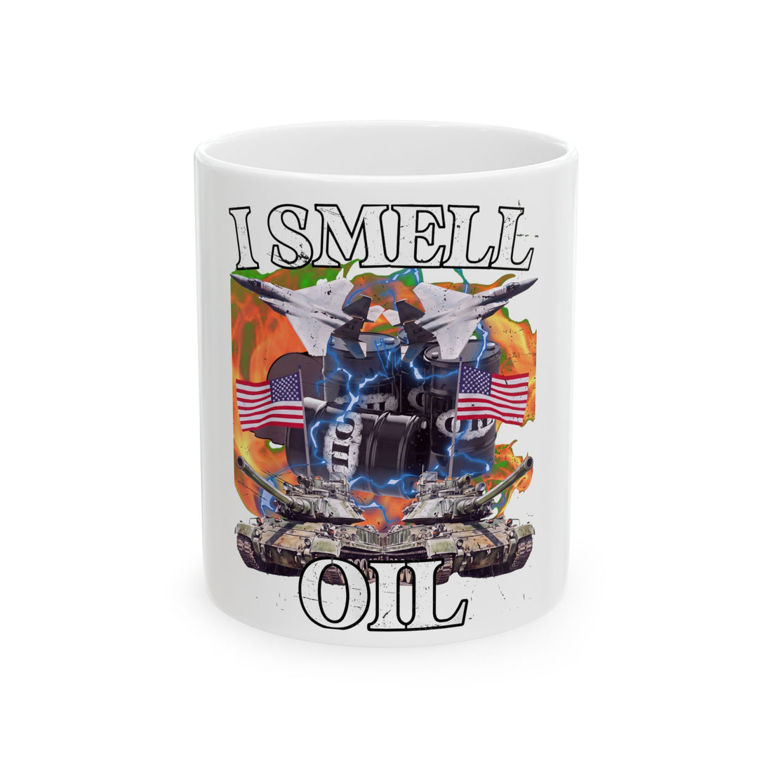 Satirical Spreading Democracy One Barrel At A Time meme text on a mug.