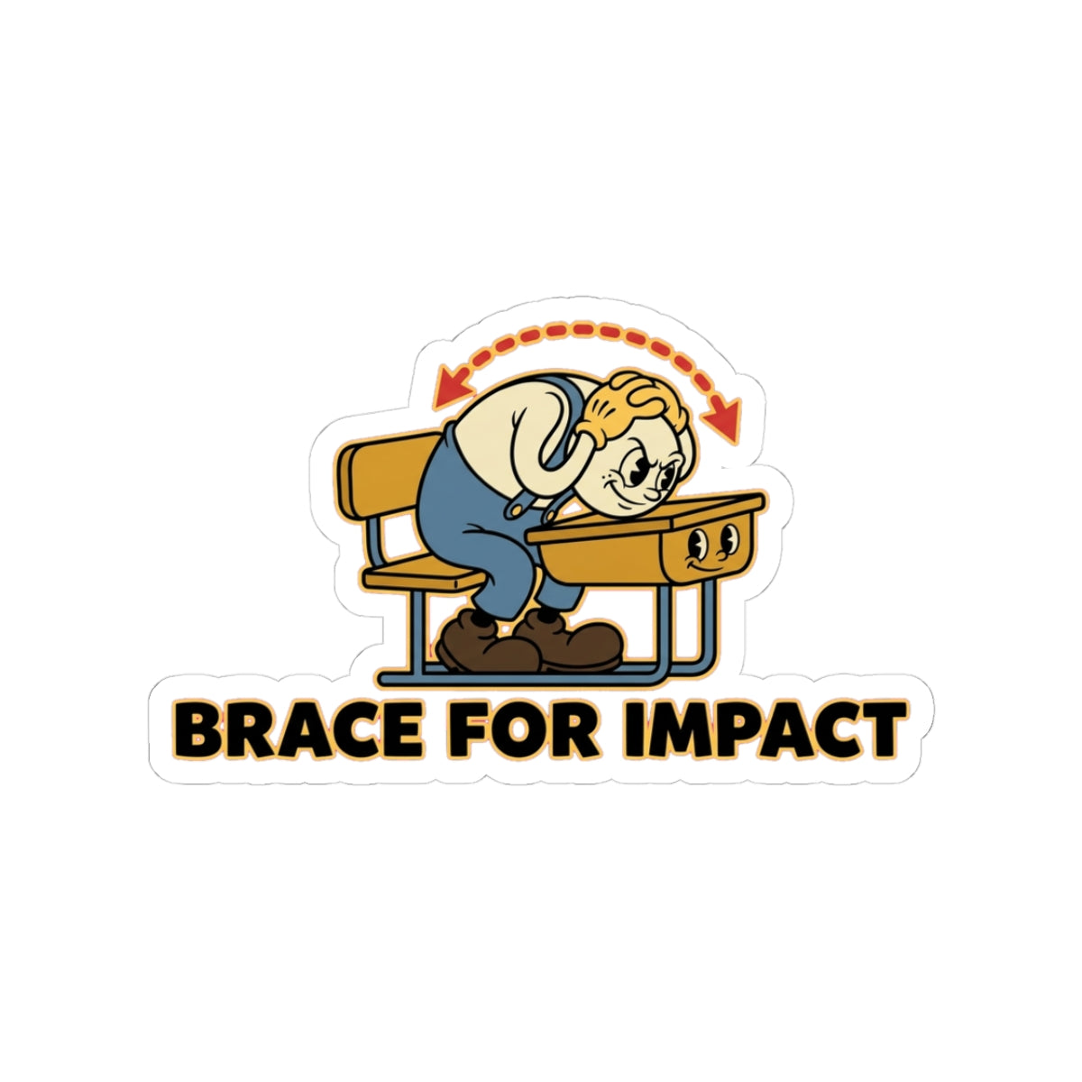 A sticker parodying an airplane safety card showing a student in a crash brace position for academic survival.