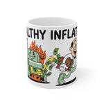 Coffee mug featuring a retro cartoon Federal Reserve mascot happily fleeing a flaming money printer with flying cash.