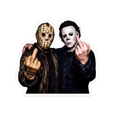 Two classic mute slasher movie killers standing side by side flipping the middle finger, printed on a sticker.