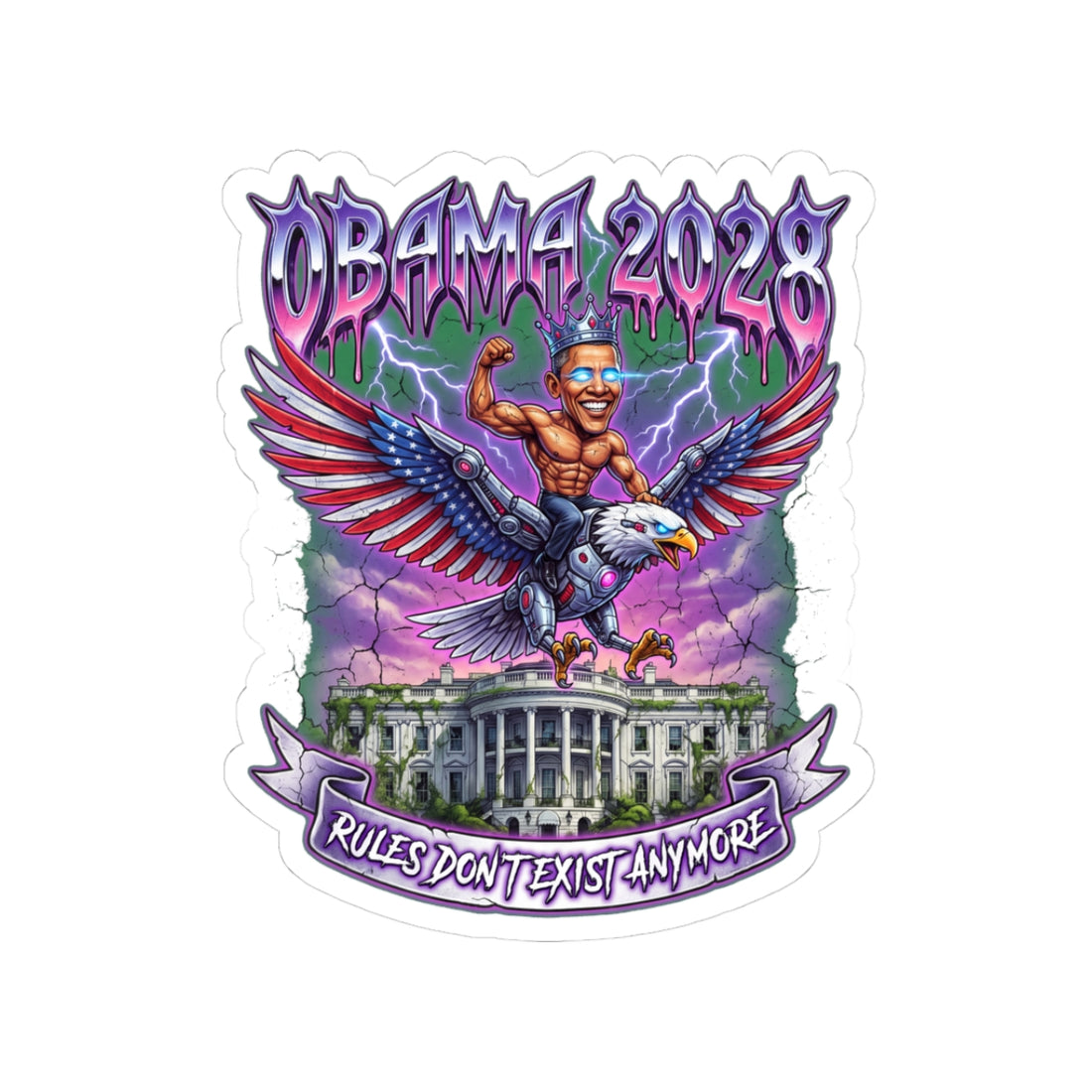 Heavy metal illustration of a cyborg bald eagle and muscular executive with text Term Limits Are For Mortals.