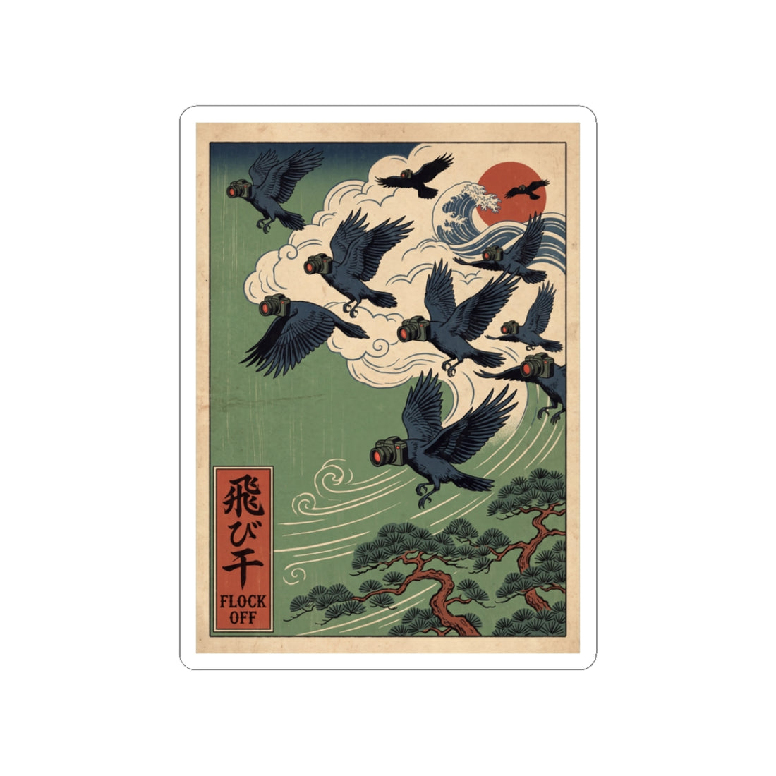 Vintage Japanese woodblock style illustration of a crow acting as a surveillance drone, with the text Flock Off.