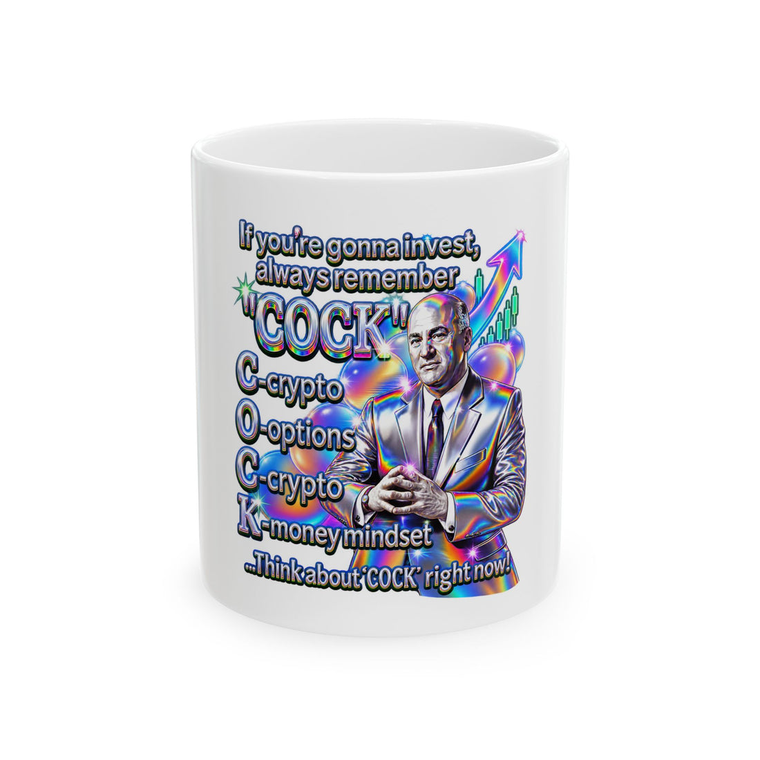 A vaporwave meme design reading High Yield Cock Portfolio, featuring deep-fried finance graphics on a mug.