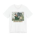 Rubber-hose style cartoon of a suited figure pulling an 'INFLATION: FIXED IT' lever, cheerful colors, on a graphic tee