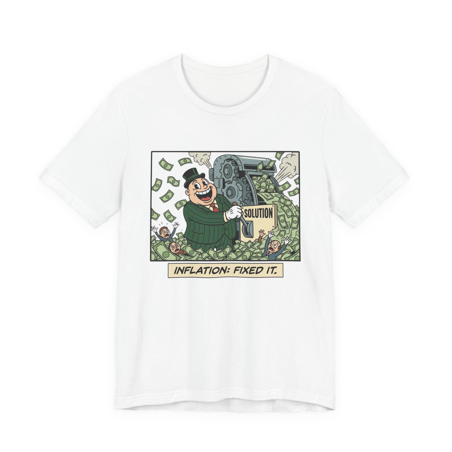 Rubber-hose style cartoon of a suited figure pulling an 'INFLATION: FIXED IT' lever, cheerful colors, on a graphic tee