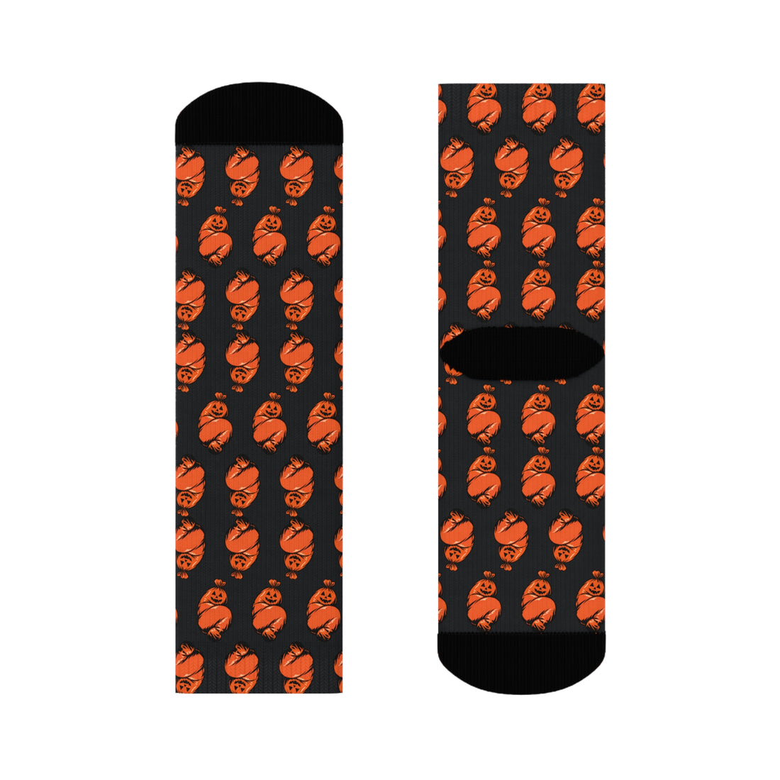 Orange pumpkin yard waste bag shaped like a wrapped human body, printed on socks.