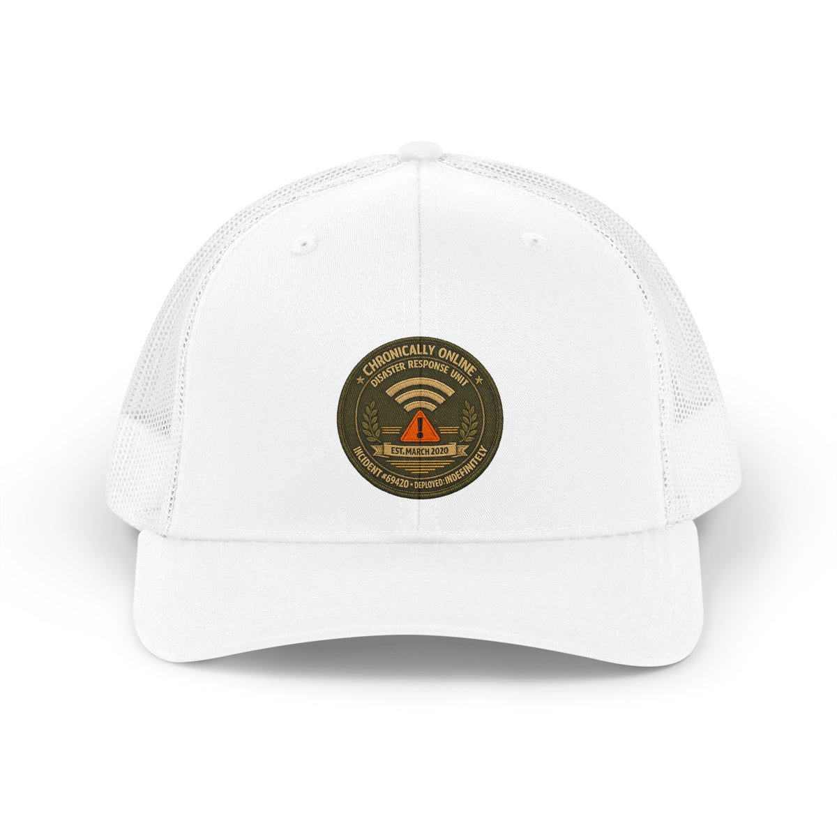 Structured dad hat with embroidered patch reading Chronically Online Disaster Response Incident 69420 Authorized Personn