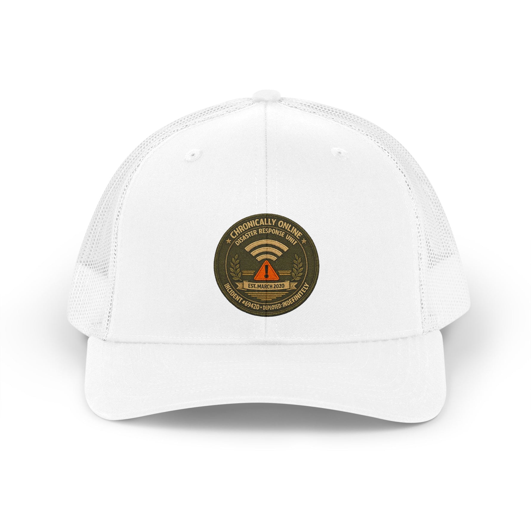 Structured dad hat with embroidered patch reading Chronically Online Disaster Response Incident 69420 Authorized Personn