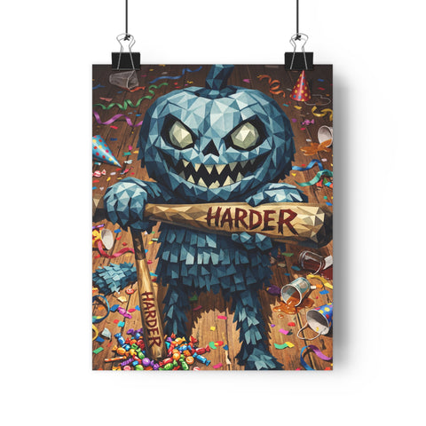 A distressed graphic of a pumpkin pinata with the text Hit Me Harder, blending festive autumn vibes with kink humor.
