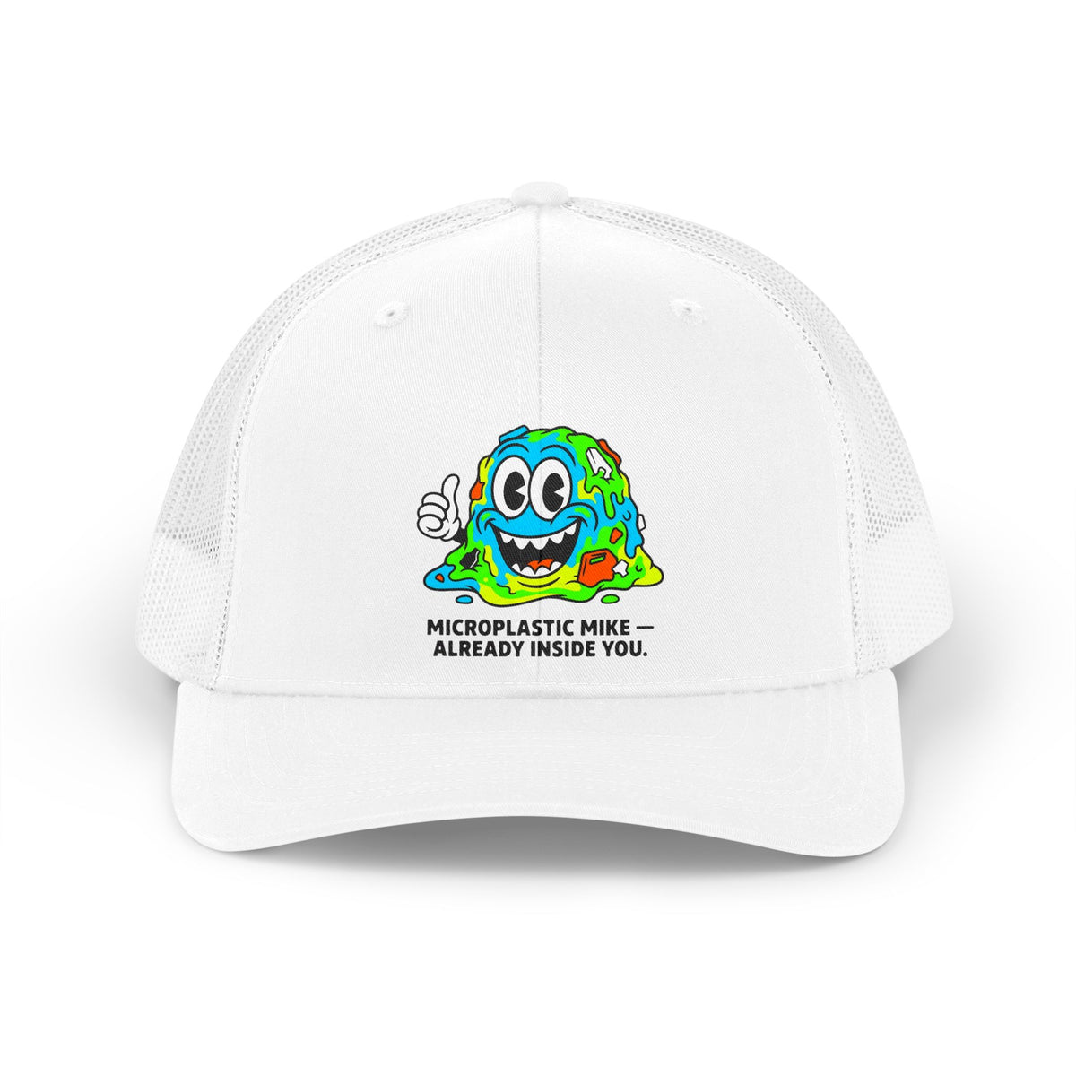 A vintage 90s-style colorful corporate mascot named Polymer Pete representing microplastics on a cap.