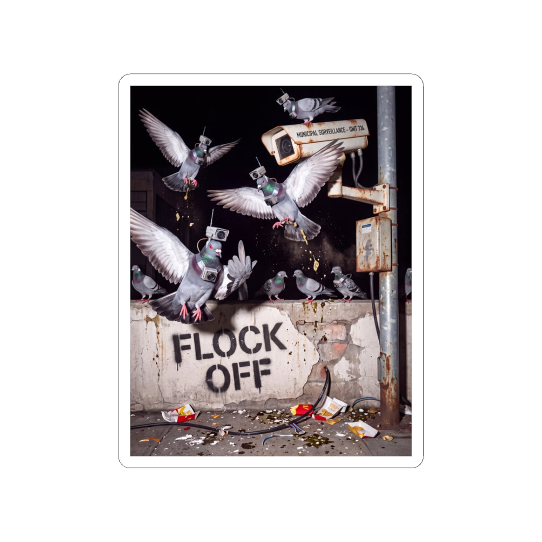 A funny sticker showing a pigeon attacking a surveillance camera with the text Flock Off.