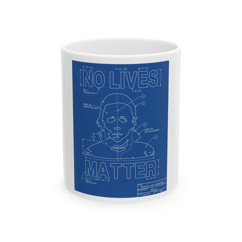 A technical blueprint schematic titled No Lives Matter featuring deadpan slasher movie jokes and stats on a mug.