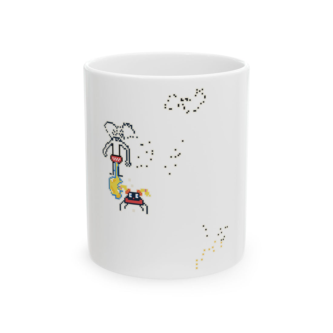 A white coffee mug featuring a chaotic crowdsourced internet mural painted by the residents of the commission.