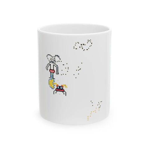 A white coffee mug featuring a chaotic crowdsourced internet mural painted by the residents of the commission.