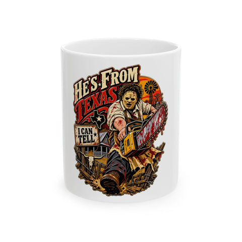Horror comic style coffee mug reading Support Local Texas Butchers, featuring a creepy butcher holding a chainsaw.