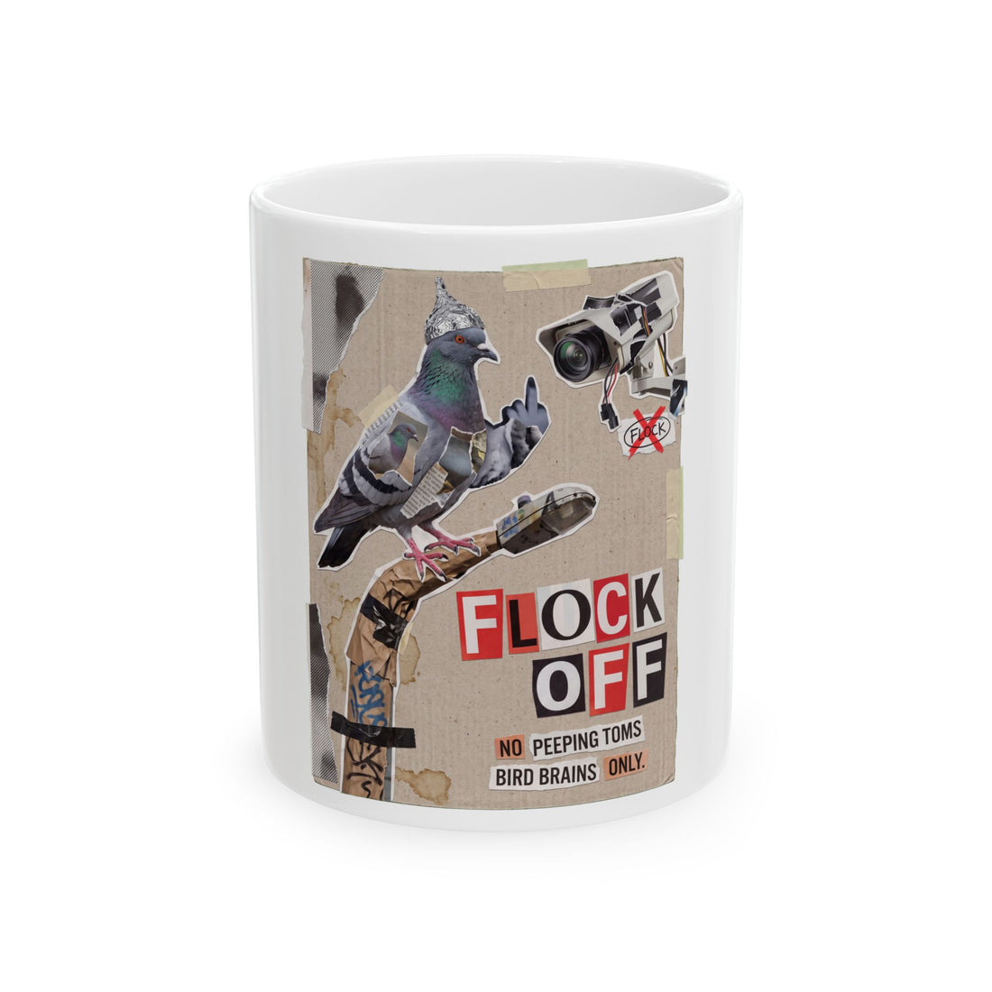 Punk zine style pigeon graphic with the words Flock Off, representing the birds aren't real conspiracy.