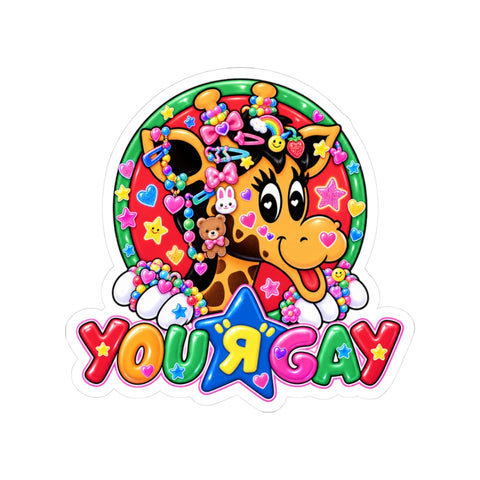 Colorful retro 90s toy store logo parody sticker that reads You R Gay featuring a star and backwards R.