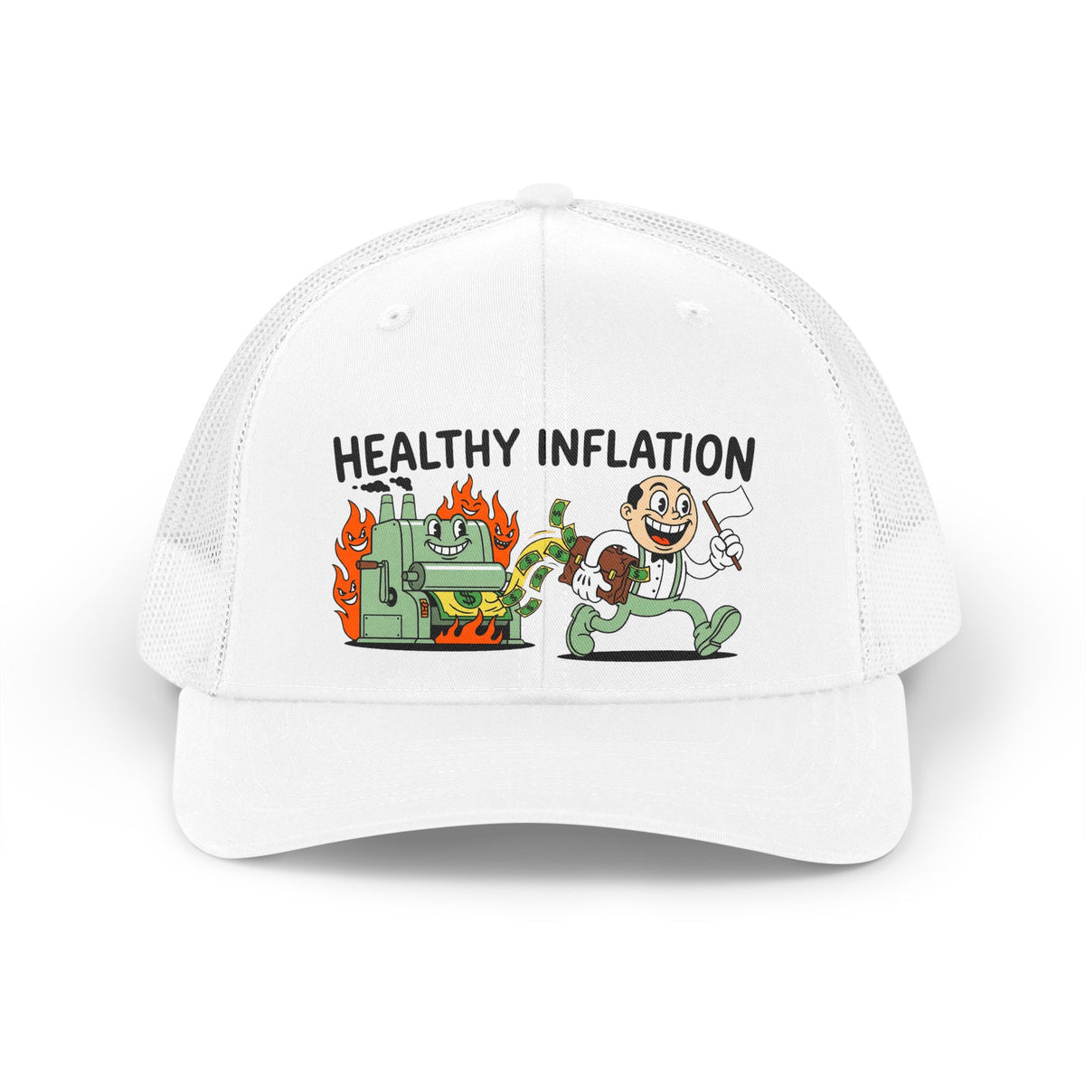 Retro Fed mascot running with cash away from a burning money printer. Caption reads HEALTHY INFLATION.