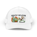 Retro Fed mascot running with cash away from a burning money printer. Caption reads HEALTHY INFLATION.