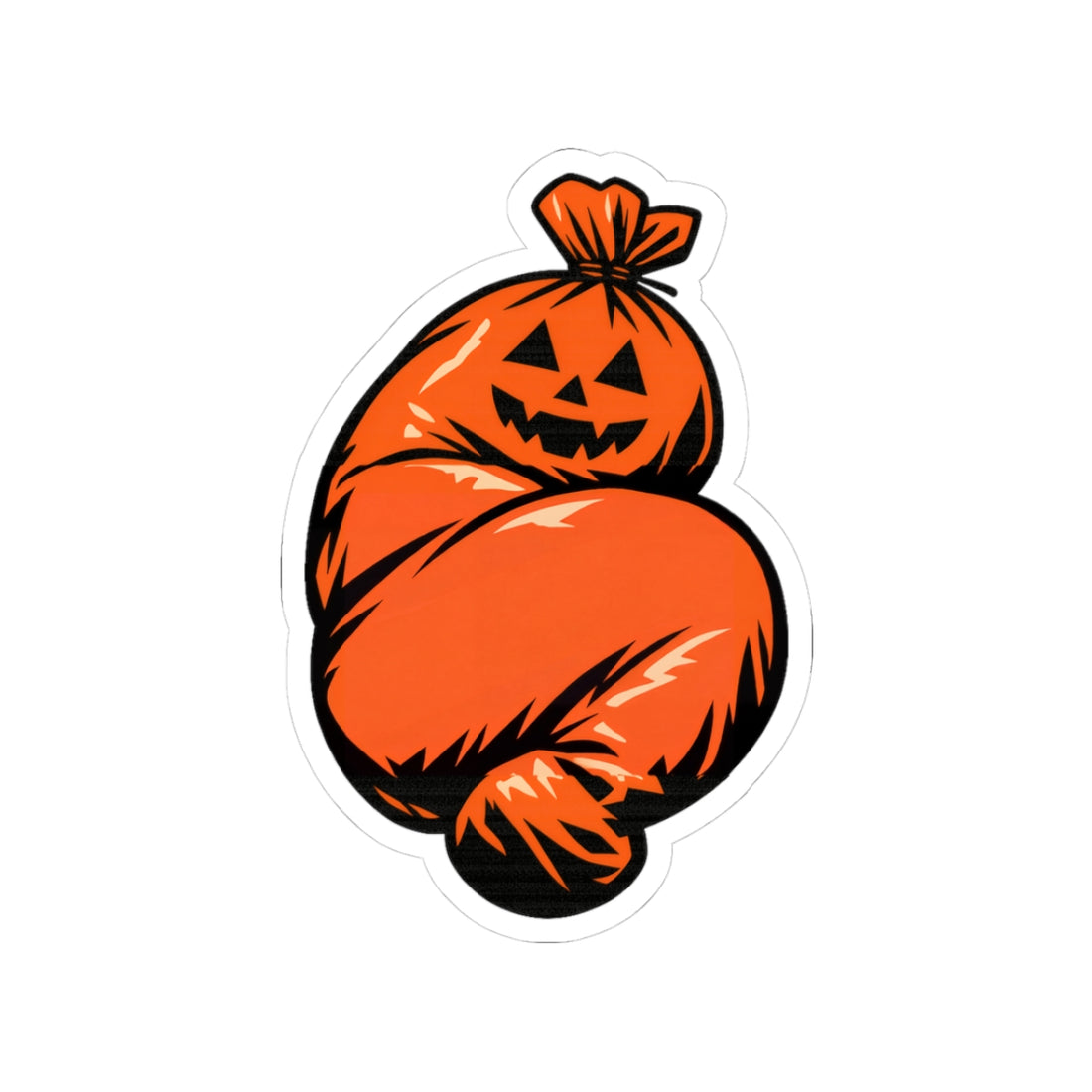 A bright orange pumpkin leaf bag shaped suspiciously like a tied-off human body, with a cheerful jack-o-lantern face.