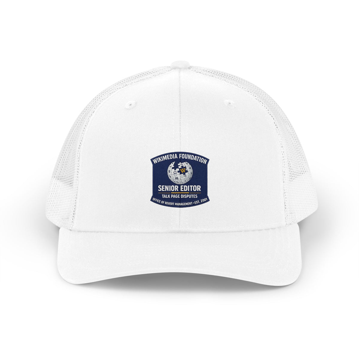 Embroidered cap reading Senior Editor, Talk Page Disputes — official-looking credential hat with Wikipedia humor design