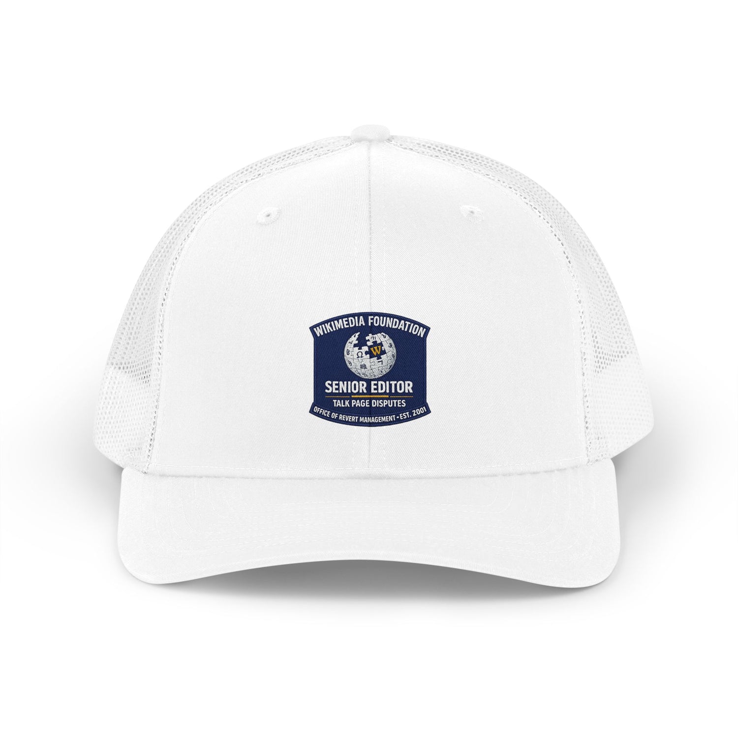 Embroidered cap reading Senior Editor, Talk Page Disputes — official-looking credential hat with Wikipedia humor design