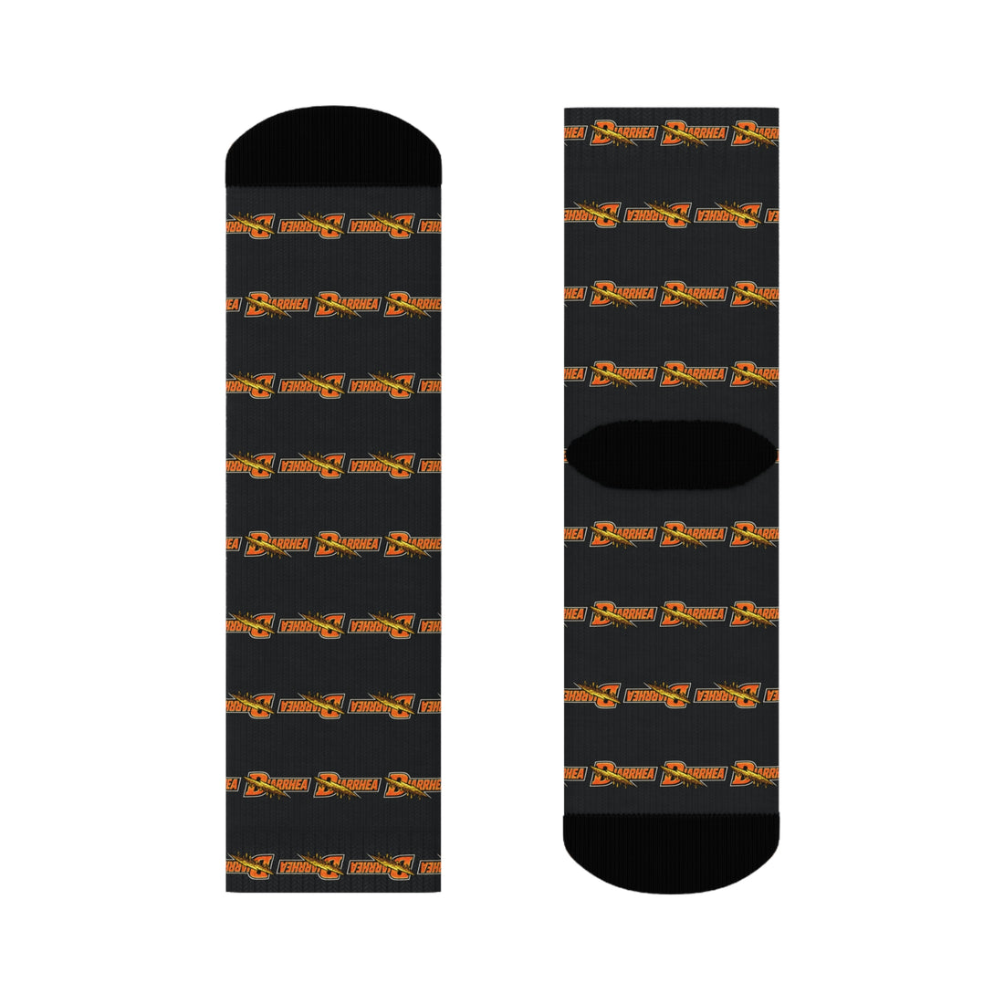 Funny running socks featuring a sports drink parody design about runners diarrhea and marathon emergencies.