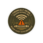 Deadpan sticker reading Chronically Online Disaster Response Volunteer, Incident 69420, with fake agency seal and bureau