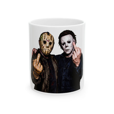 Two silent slasher movie villains flipping the middle finger, with text reading Fuck Your Final Girl.