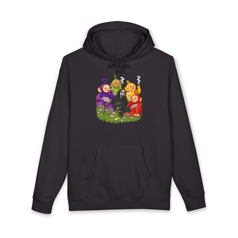 Hoodie showing a retro children's book style illustration of Teletubbies Ghostface smoking weed in a daisy meadow.