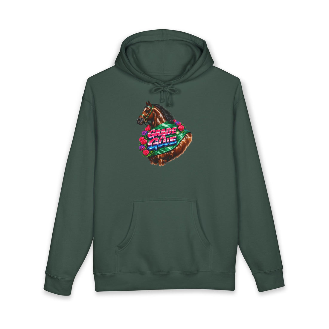 Grade A Glue Champion Hoodie — Vintage Airbrush Racehorse Horse Racing