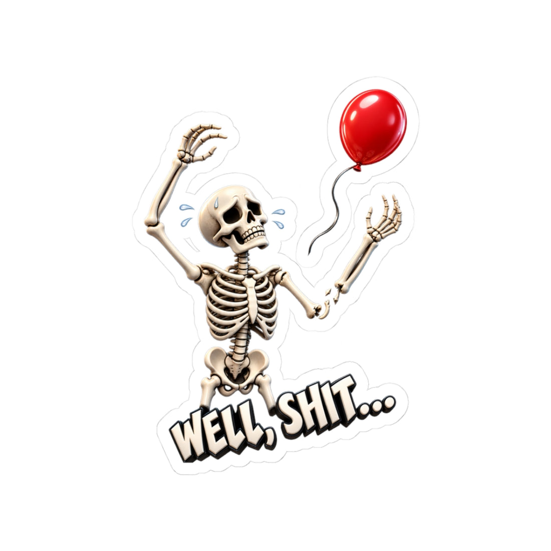 Vintage comic style sticker of a person's arm detaching as they reach for a balloon, with the text Well Shit.