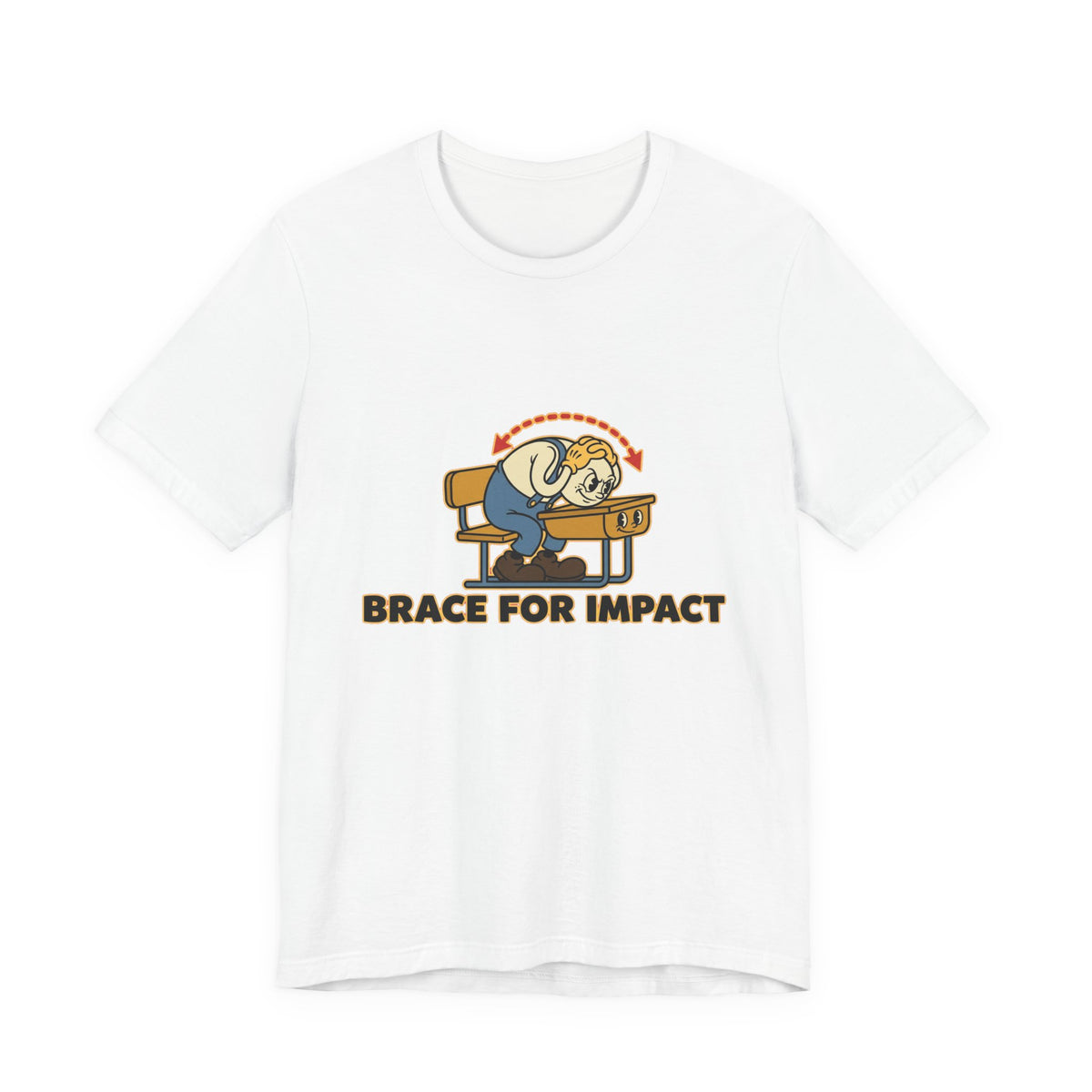 Funny t-shirt featuring an airplane safety card parody instructing a college student to brace for impact.