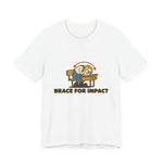 Funny t-shirt featuring an airplane safety card parody instructing a college student to brace for impact.