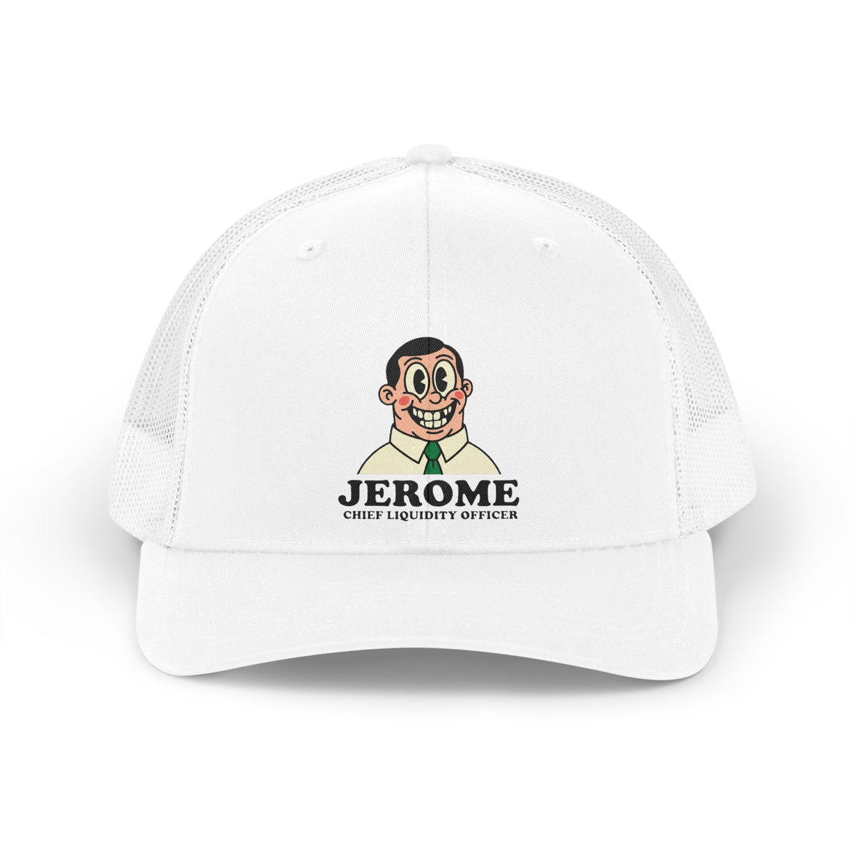 Vintage 1930s rubber-hose cartoon mascot named Jerome, Chief Liquidity Officer, printed on a hat.