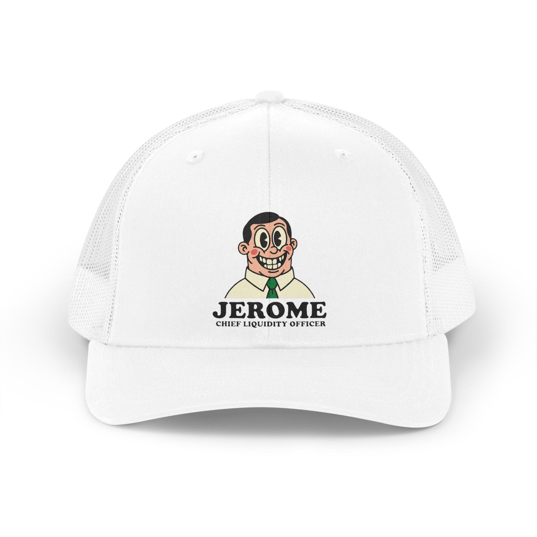Vintage 1930s rubber-hose cartoon mascot named Jerome, Chief Liquidity Officer, printed on a hat.