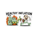 Vintage rubber-hose cartoon sticker of a happy Federal Reserve mascot sprinting from a flaming money printer.