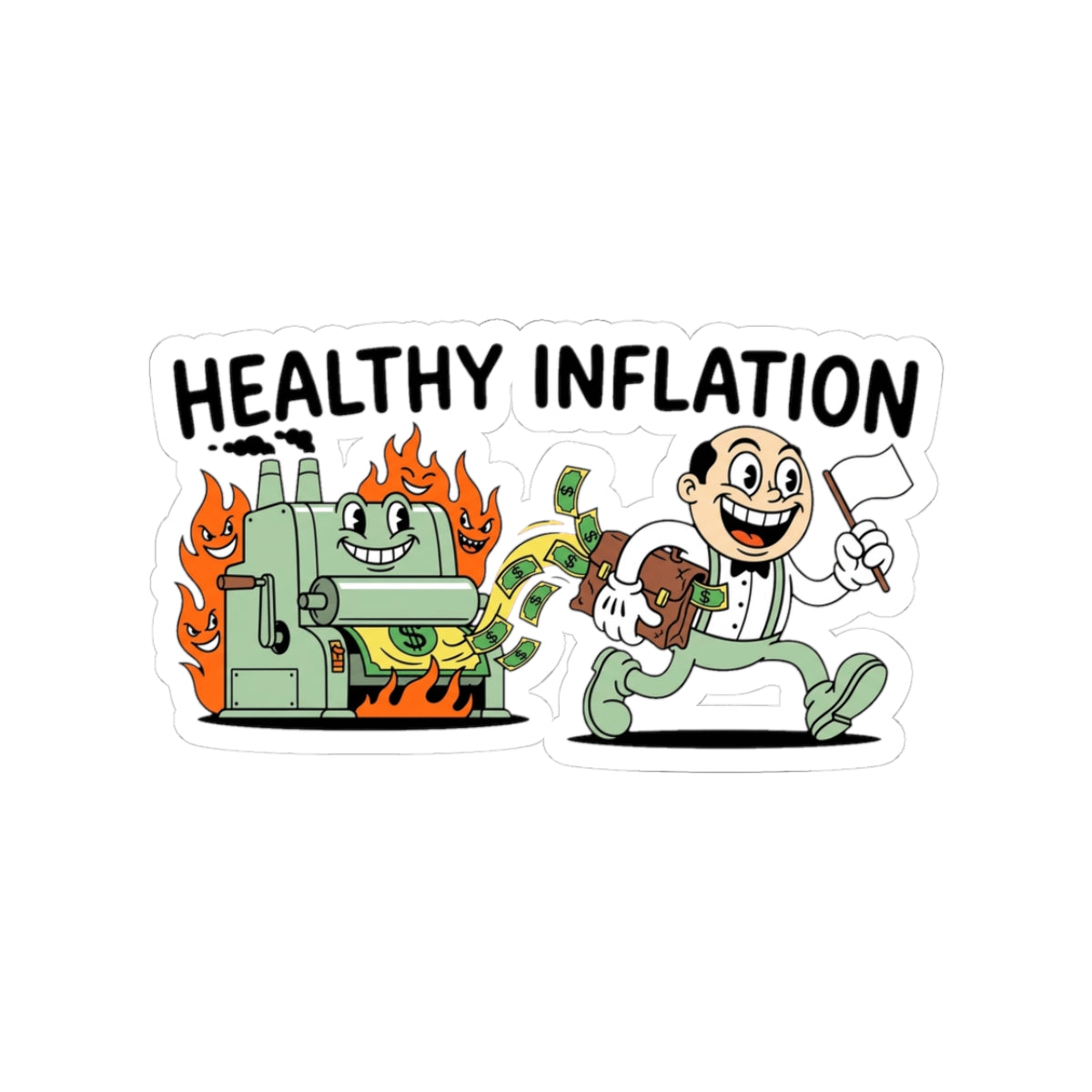 Vintage rubber-hose cartoon sticker of a happy Federal Reserve mascot sprinting from a flaming money printer.